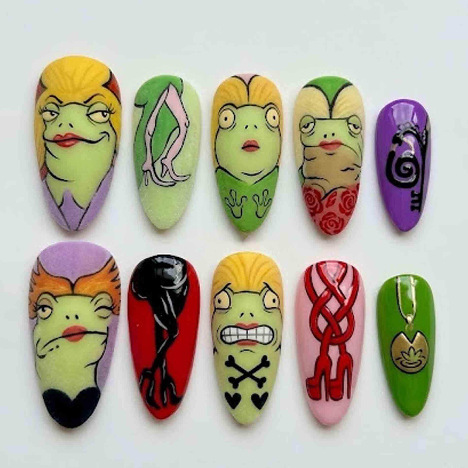 Handmade Funny Toad Press On Nails | Character Portrait, Rose & Crossbones Art Almond For Whimsical Cartoon Aestheti von Etsy - HandmadeByDanaLukes