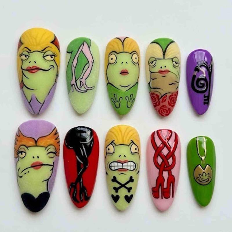 Handmade Funny Toad Press On Nails | Character Portrait, Rose & Crossbones Art Almond For Whimsical Cartoon Aestheti von Etsy - HandmadeByDanaLukes