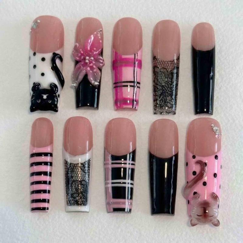 Handmade Gothic Black Cat Press On Nails | 3D Pink Flower, Lace, Plaid & Polka Dots Long Coffin For Edgy Vibe Handmade Gothic Black Cat Press On Nails | 3D Pink Flower, Lace, Plaid & Polka Dots Long Coffin For Edgy Vibe von Etsy - HandmadeByDanaLukes