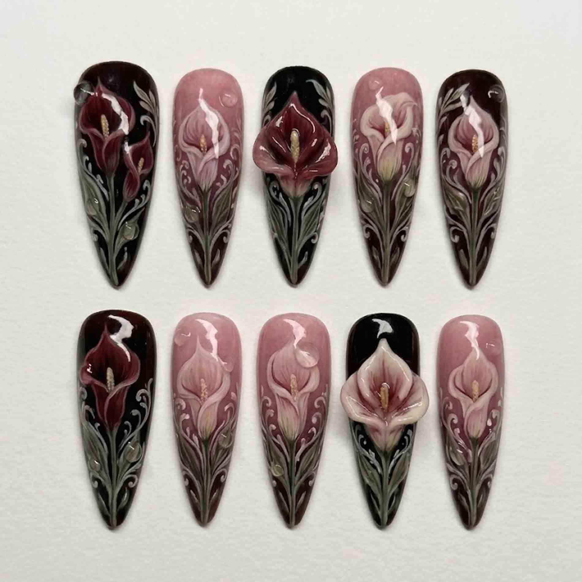 Handmade Gothic Calla Lily Press On Nails | 3D Burgundy Flowers, Water Drops & Silver Swirls Stiletto For Dark Botanical Vibe Handmade Gothic Calla Lily Press On Nails | 3D Burgundy Flowers, Water Drops & Silver Swirls Stiletto For Dark Botanical Vibe von Etsy - HandmadeByDanaLukes