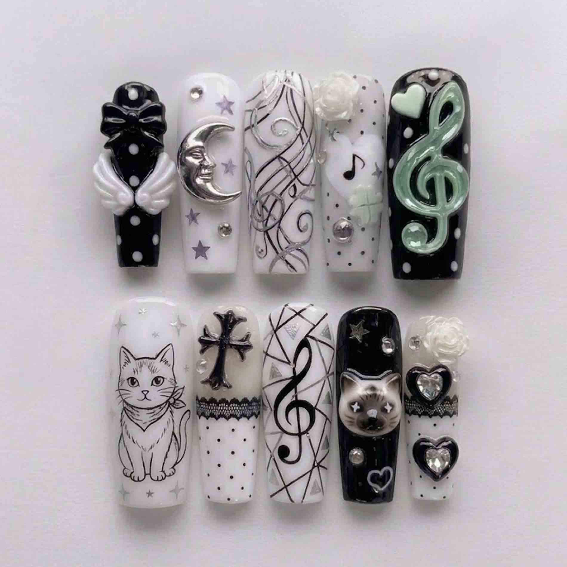 Handmade Gothic Cat, Music Press On Nails | 3D Moon, Cross, Musical Notes & Cats Long Square For Edgy Aesthetic Vibe Handmade Gothic Cat, Music Press On Nails | 3D Moon, Cross, Musical Notes & Cats Long Square For Edgy Aesthetic Vibe von Etsy - HandmadeByDanaLukes