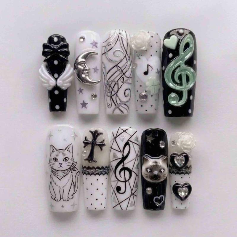 Handmade Gothic Cat, Music Press On Nails | 3D Moon, Cross, Musical Notes & Cats Long Square For Edgy Aesthetic Vibe Handmade Gothic Cat, Music Press On Nails | 3D Moon, Cross, Musical Notes & Cats Long Square For Edgy Aesthetic Vibe von Etsy - HandmadeByDanaLukes