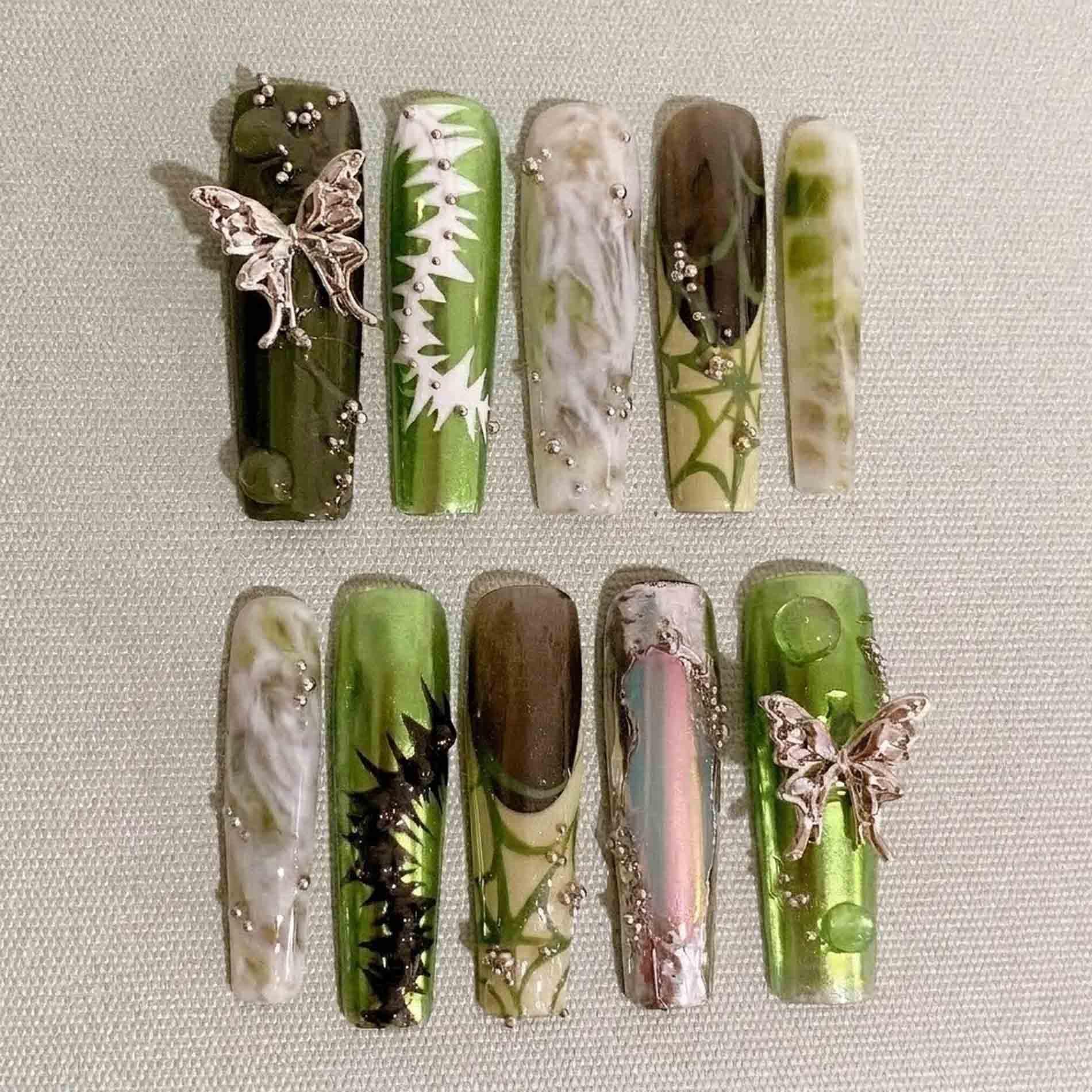 Handmade Gothic Fairycore Press On Nails | 3D Silver Butterfly, Spider Web, Thorns & Marble Long Square For Mystic Vibe Handmade Gothic Fairycore Press On Nails | 3D Silver Butterfly, Spider Web, Thorns & Marble Long Square For Mystic Vibe von Etsy - HandmadeByDanaLukes