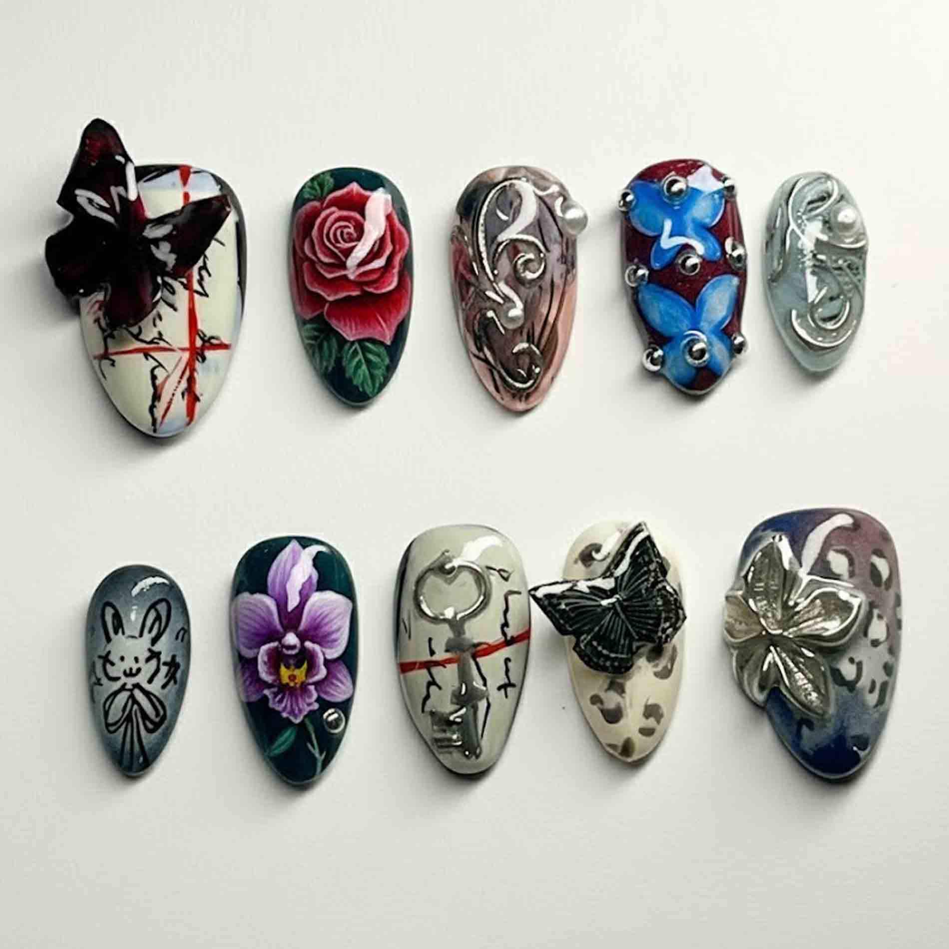 Handmade Gothic Fantasy Press On Nails | 3D Butterfly, Rose, Key & Metallic Charm Design Short Almond Dark Romantic Art von Etsy - HandmadeByDanaLukes