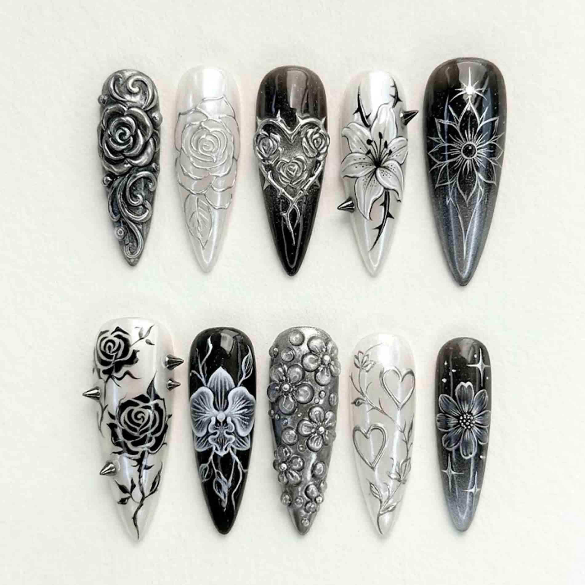 Handmade Gothic Floral Press On Nails | 3D Sculpted Roses, Heart & Spikes, Dark Lily Design Stiletto For Coquette Aesthetic von Etsy - HandmadeByDanaLukes
