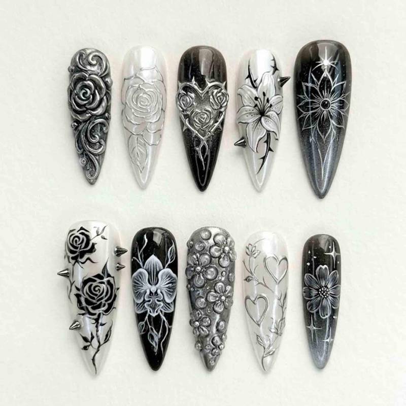 Handmade Gothic Floral Press On Nails | 3D Sculpted Roses, Heart & Spikes, Dark Lily Design Stiletto For Coquette Aesthetic von Etsy - HandmadeByDanaLukes