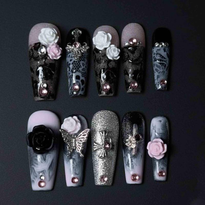 Handmade Gothic Lace Press On Nails | 3D Rose, Butterfly Charm, Marble Smoke Design Long Coffin Glam von Etsy - HandmadeByDanaLukes