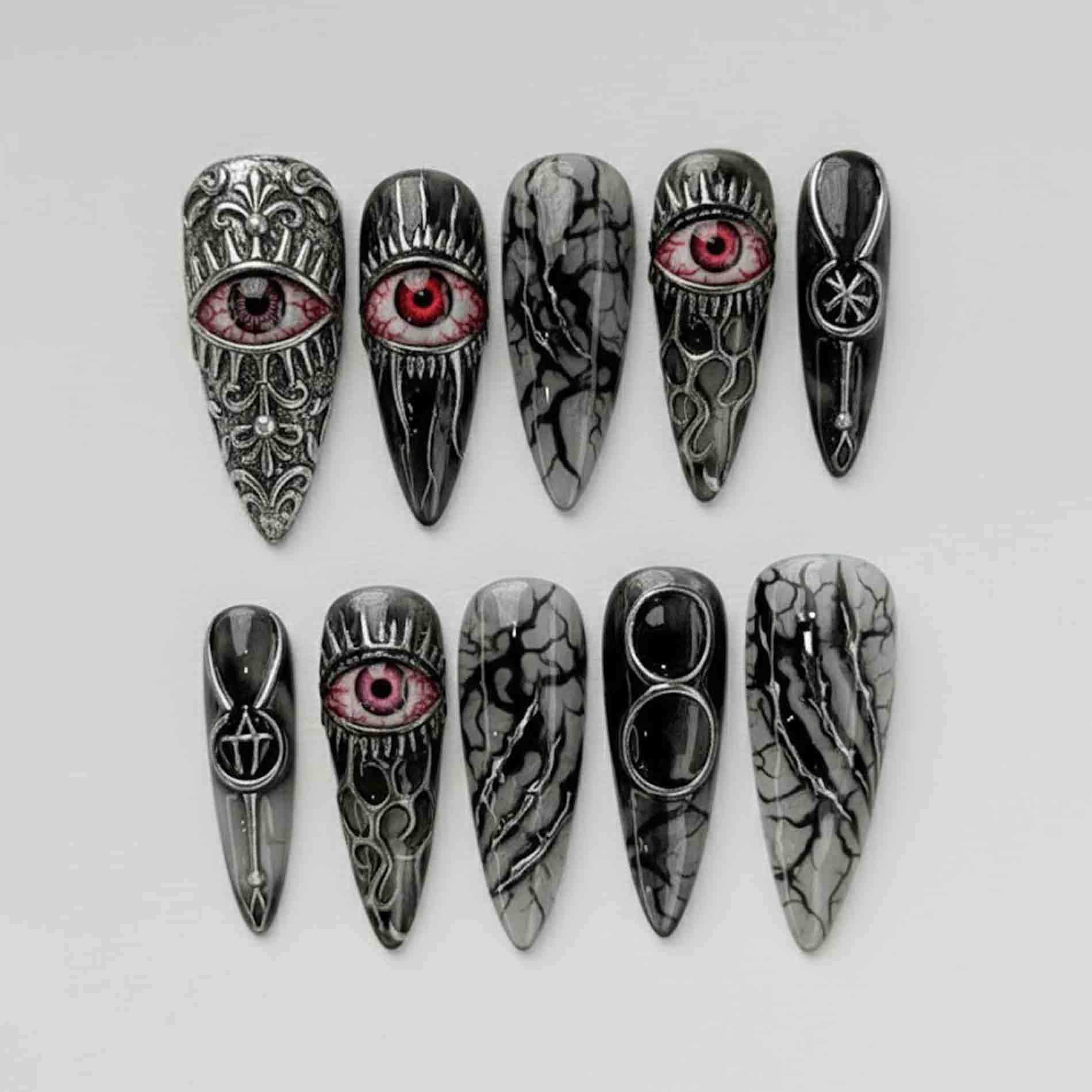 Handmade Gothic Marble Press On Nails | Red Evil Eye, Black Vein & Silver Engraved Art Stiletto Dark Statement von Etsy - HandmadeByDanaLukes