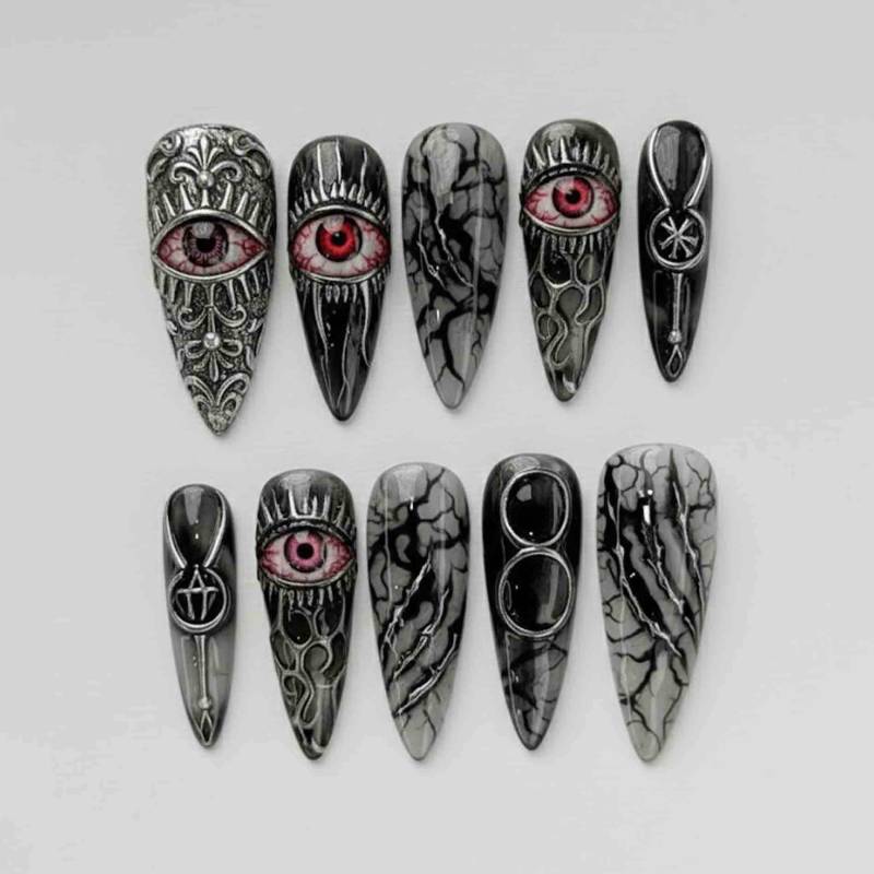 Handmade Gothic Marble Press On Nails | Red Evil Eye, Black Vein & Silver Engraved Art Stiletto Dark Statement von Etsy - HandmadeByDanaLukes
