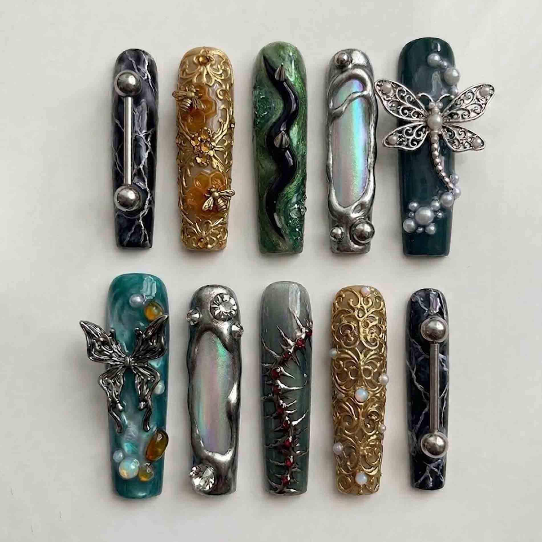 Handmade Gothic Maximalist Press On Nails | Silver Butterflies, Bees, Spikes & Piercings Extra Long Square For Edgy Vibe Handmade Gothic Maximalist Press On Nails | Silver Butterflies, Bees, Spikes & Piercings Extra Long Square For Edgy Vibe von Etsy - HandmadeByDanaLukes