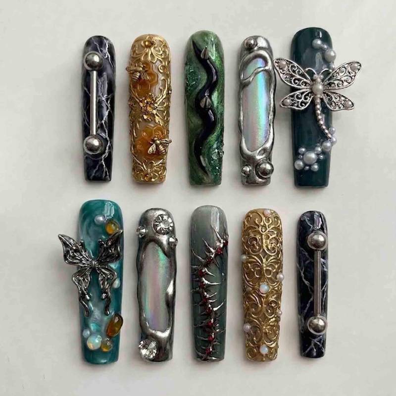 Handmade Gothic Maximalist Press On Nails | Silver Butterflies, Bees, Spikes & Piercings Extra Long Square For Edgy Vibe Handmade Gothic Maximalist Press On Nails | Silver Butterflies, Bees, Spikes & Piercings Extra Long Square For Edgy Vibe von Etsy - HandmadeByDanaLukes