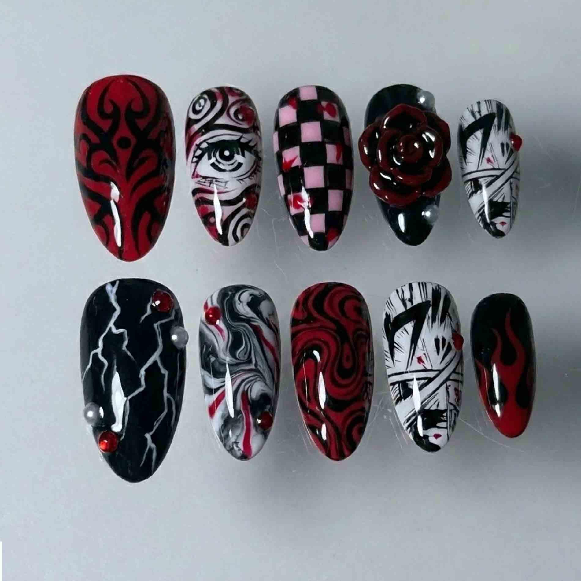 Handmade Gothic Red Black Press On Nails | Swirl Art, Checkerboard, 3D Rose & Lightning Design Almond Statement von Etsy - HandmadeByDanaLukes