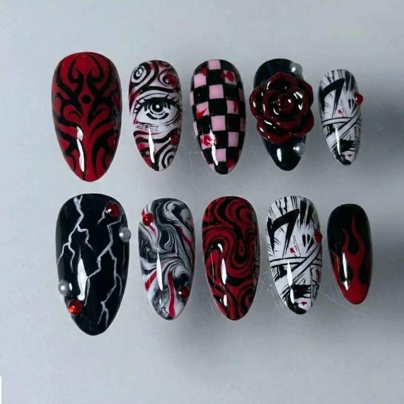 Handmade Gothic Red Black Press On Nails | Swirl Art, Checkerboard, 3D Rose & Lightning Design Almond Statement von Etsy - HandmadeByDanaLukes