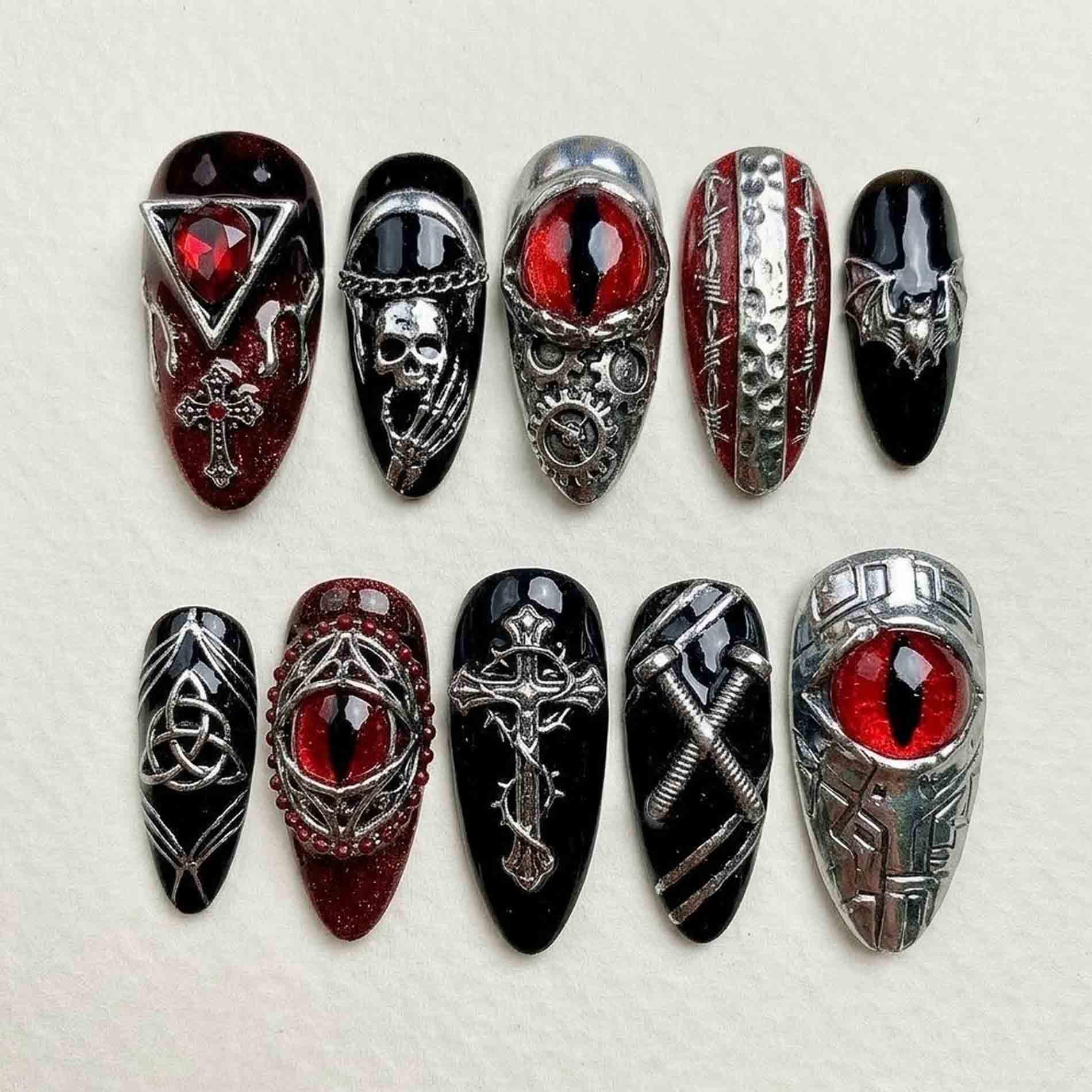 Handmade Gothic Red Eye Press On Nails | 3D Skull, Cross & Metal Armor Design Almond Dark Fantasy Aesthetic von Etsy - HandmadeByDanaLukes