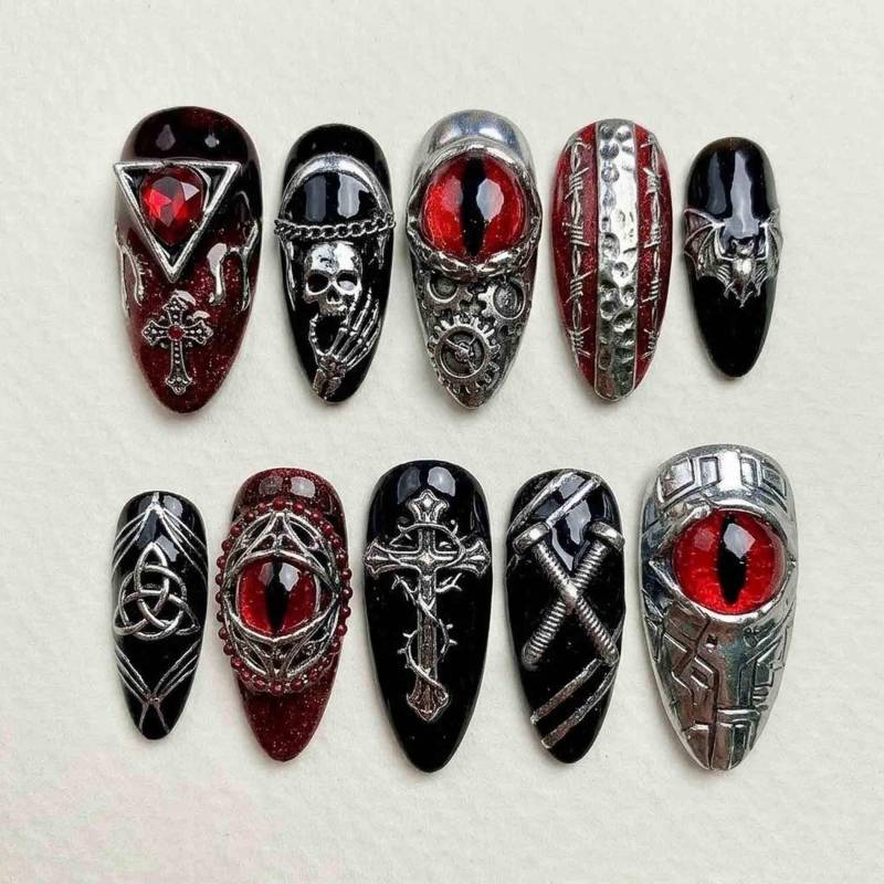 Handmade Gothic Red Eye Press On Nails | 3D Skull, Cross & Metal Armor Design Almond Dark Fantasy Aesthetic von Etsy - HandmadeByDanaLukes