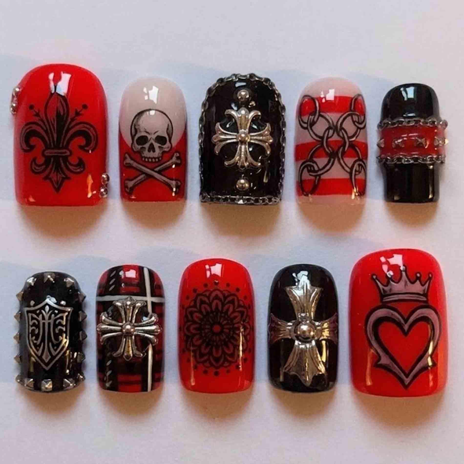 Handmade Gothic Rocker Press On Nails | 3D Skull, Cross Charms, Chain Details, Red & Black Base Short Square For Edgy Aesthetic Handmade Gothic Rocker Press On Nails | 3D Skull, Cross Charms, Chain Details, Red & Black Base Short Square For Edgy Aesthetic von Etsy - HandmadeByDanaLukes