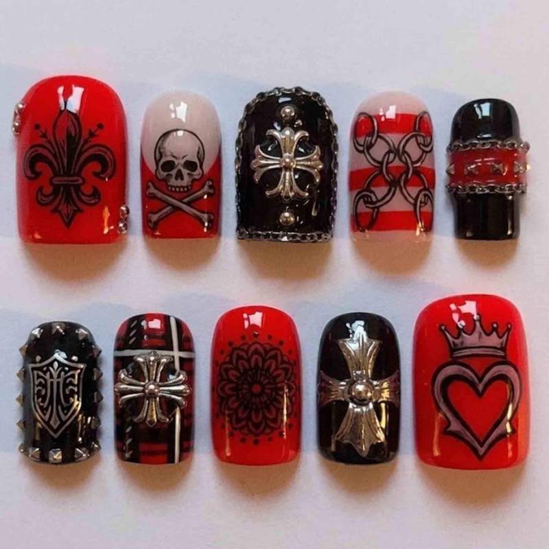 Handmade Gothic Rocker Press On Nails | 3D Skull, Cross Charms, Chain Details, Red & Black Base Short Square For Edgy Aesthetic von Etsy - HandmadeByDanaLukes