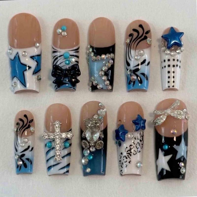Handmade Gothic Y2K Nails | 3D Cross, Stars, Gummy Bear, Zebra, Flames Long Square With Rhymes & Turquoise For Alt Vibe Handmade Gothic Y2K Nails | 3D Cross, Stars, Gummy Bear, Zebra, Flames Long Square With Rhymes & Turquoise For Alt Vibe von Etsy - HandmadeByDanaLukes