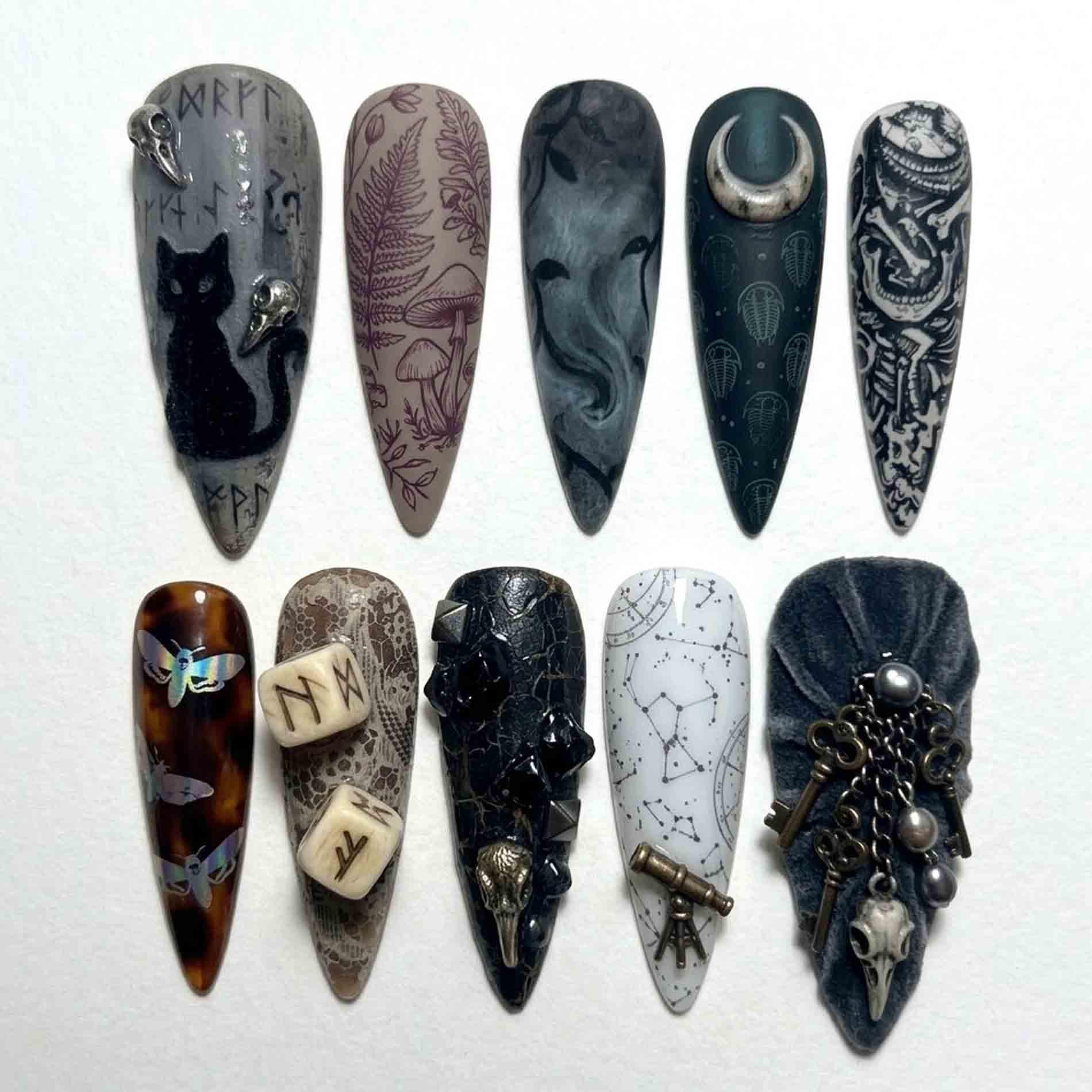 Handmade Grey Black Press On Nails | Witchy Runes Skull, Moth, Celestial Nail Art Long Stiletto For Dark Academia Style von Etsy - HandmadeByDanaLukes