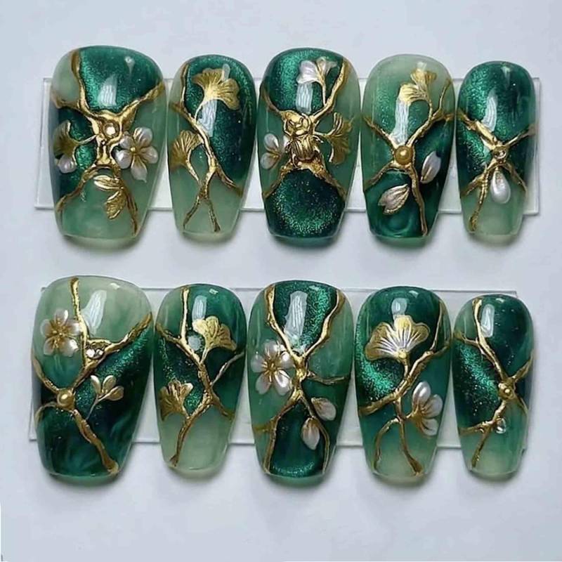 Handmade Imperial Emerald Press-On Nails | 3D Gold Ginkgo, Pearl Flowers & Beetle Charm, Cat Eye Coffin For Oriental Aesthetic Handmade Imperial Emerald Press-On Nails | 3D Gold Ginkgo, Pearl Flowers & Beetle Charm, Cat Eye Coffin For Oriental Aesthetic von Etsy - HandmadeByDanaLukes