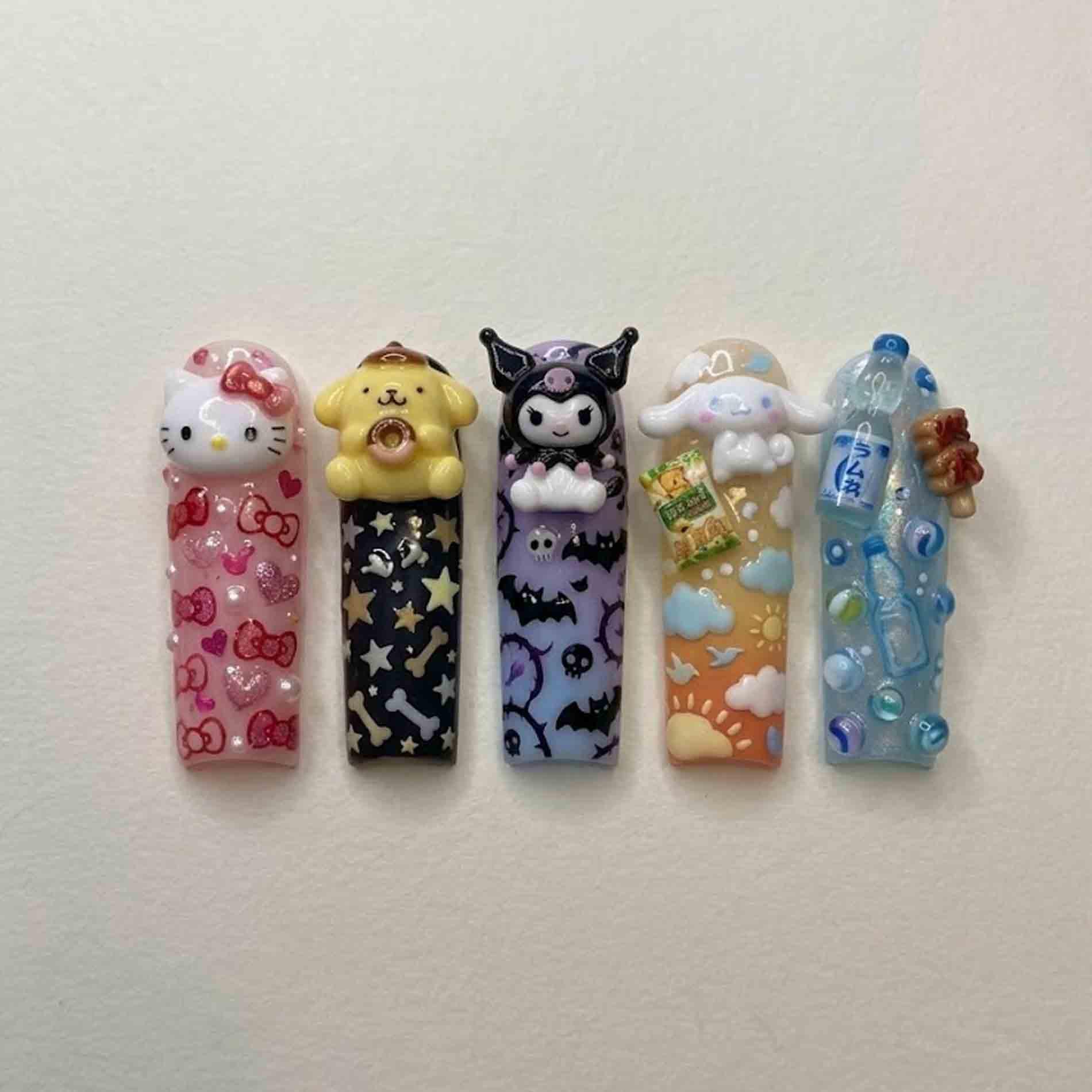 Handmade Kawaii Character Press On Nails | 3D Cute Animals, Sweets & Drink Charms Long Square For Vibrant Harajuku Aesthetic von Etsy - HandmadeByDanaLukes