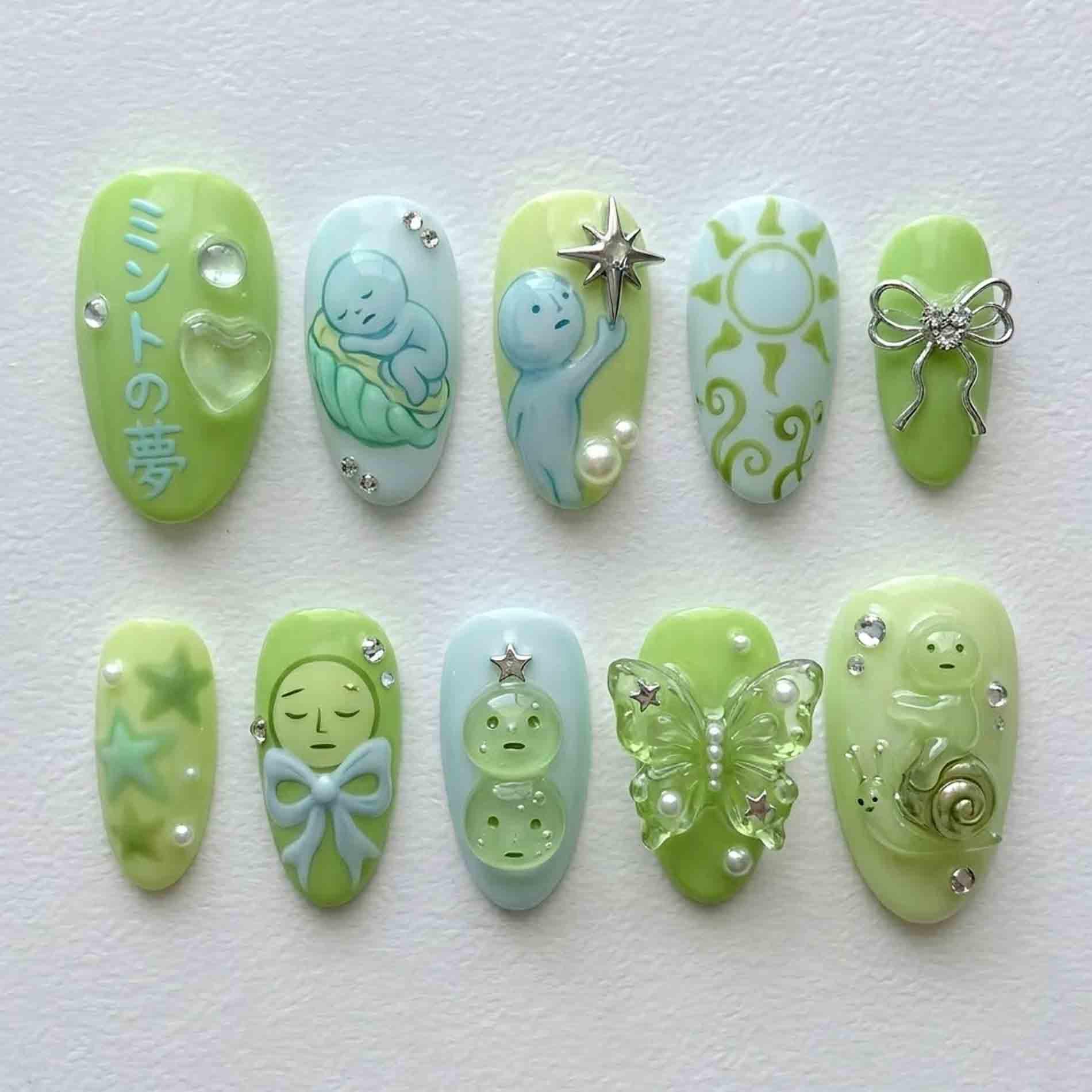 Handmade Mint Dream Press On Nails | 3D Sculpted Butterfly, Snail, Sun & Bow Design Short Oval For Whimsical Fairy Aesthetic von Etsy - HandmadeByDanaLukes