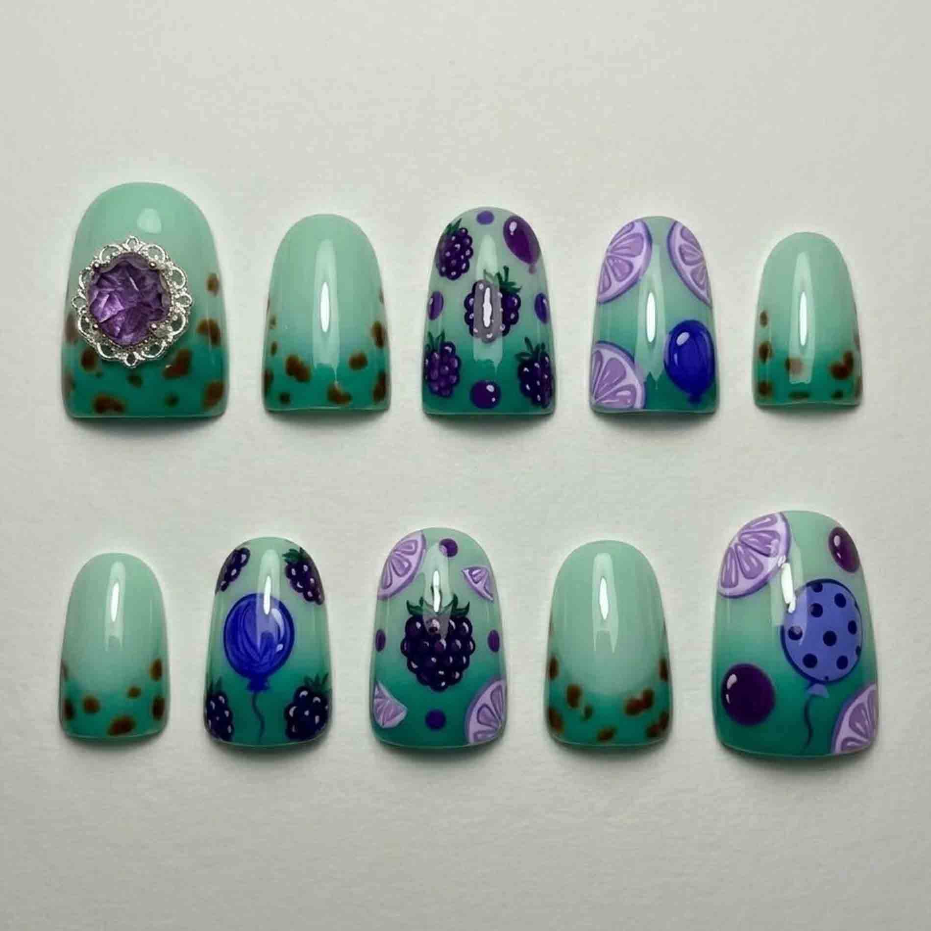 Handmade Mint Green Fruit Press On Nails | 3D Purple Gem, Blackberry & Citrus Art Design Short Square Cute Statement von Etsy - HandmadeByDanaLukes