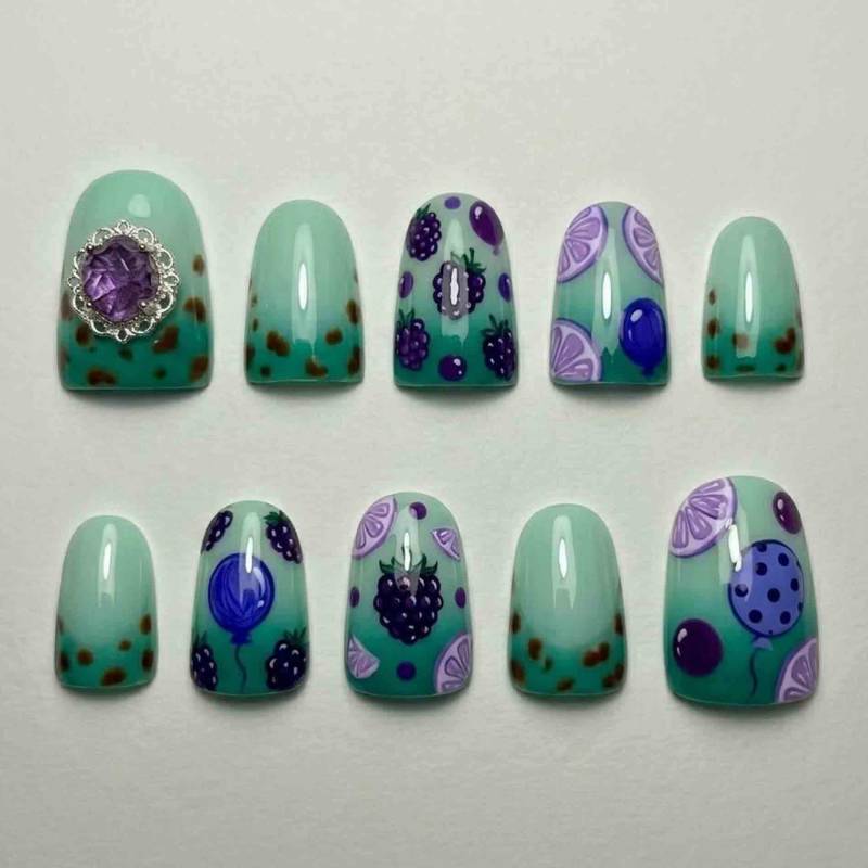 Handmade Mint Green Fruit Press On Nails | 3D Purple Gem, Blackberry & Citrus Art Design Short Square Cute Statement von Etsy - HandmadeByDanaLukes