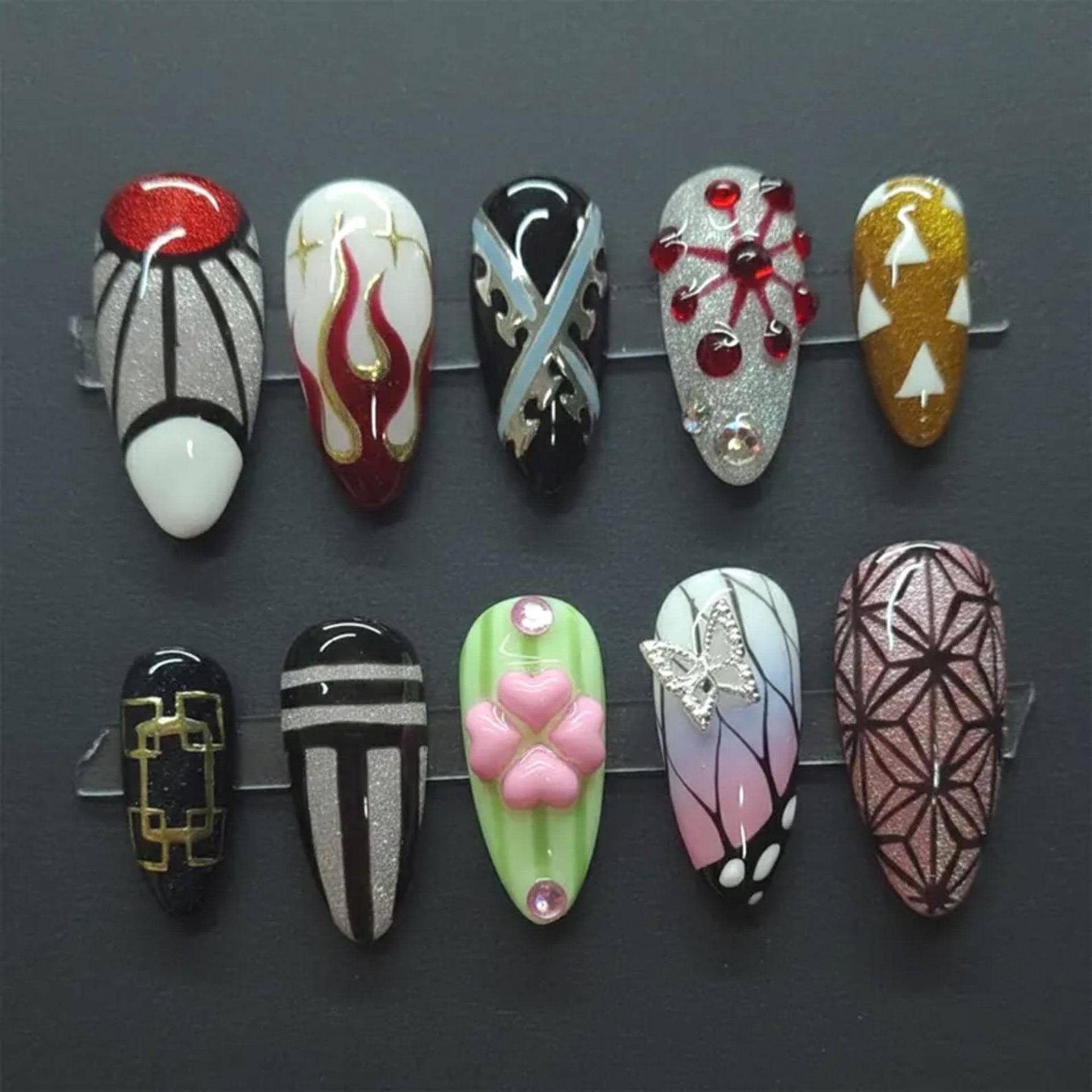 Handmade Mixed Art Press On Nails | Flame Geometric Butterfly 3D Heart Glitter Gradient Nail Set von Etsy - HandmadeByDanaLukes