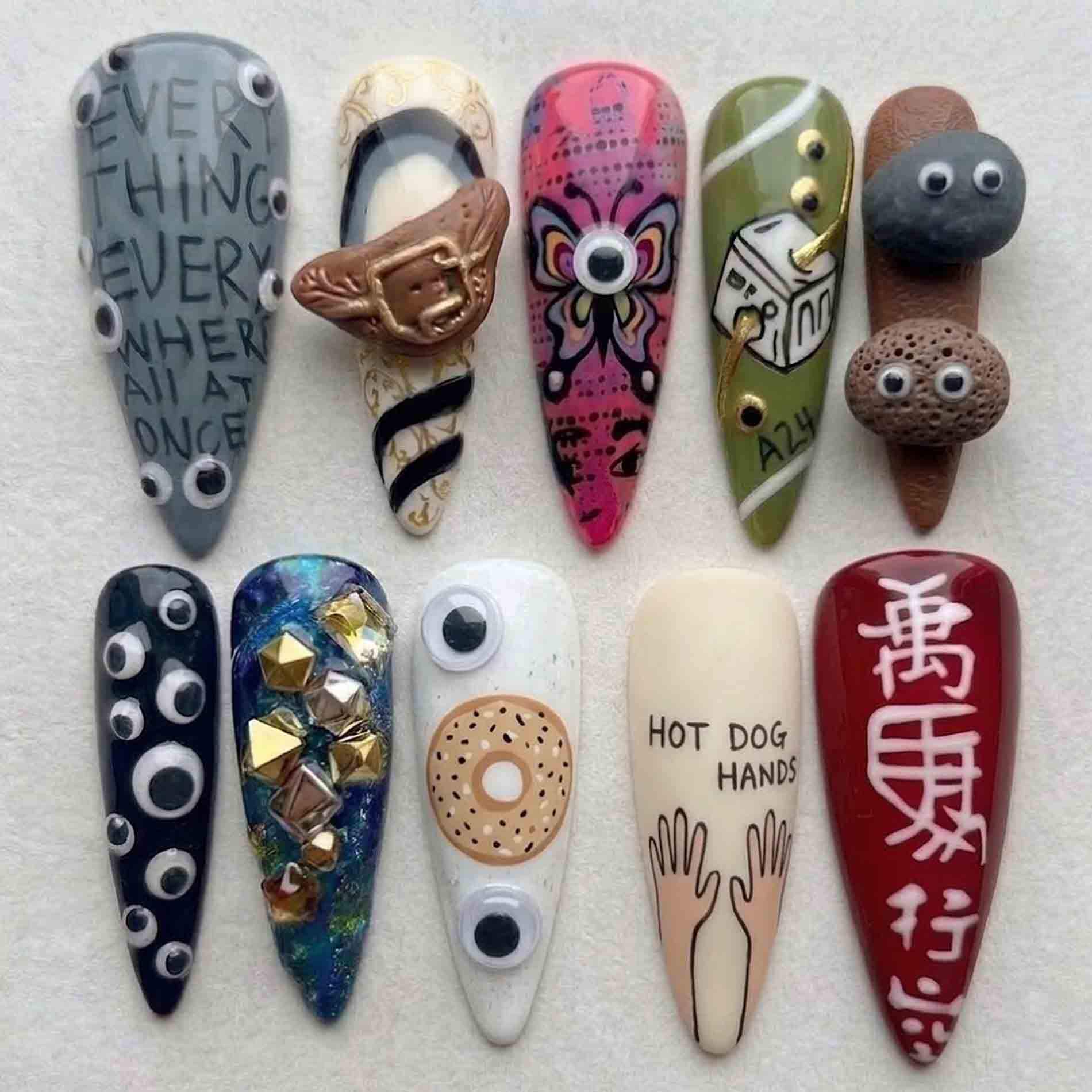 Handmade Multicolor Press On Nails | Quirky 3D Eyes Donut Dice Nail Art Long Stiletto For Fun Kitsch Style von Etsy - HandmadeByDanaLukes