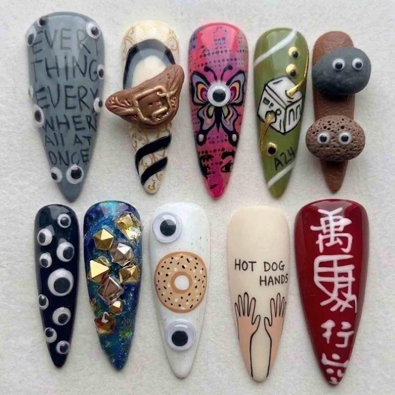 Handmade Multicolor Press On Nails | Quirky 3D Eyes Donut Dice Nail Art Long Stiletto For Fun Kitsch Style von Etsy - HandmadeByDanaLukes