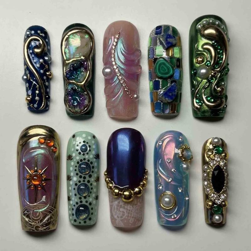 Handmade Mystical Mosaic Press On Nails | 3D Sculpted Charms, Natural Stones & Celestial Symbols Long Square For Eclectic Art Vibe von Etsy - HandmadeByDanaLukes