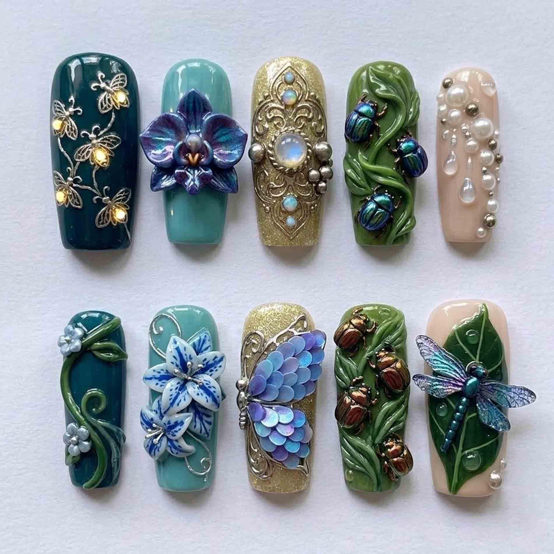Handmade Nature Whimsy Press On Nails | 3D Orchid, Gold Filigree, Insects & Leaf Design Long Square For Fairycore Aesthetic von Etsy - HandmadeByDanaLukes
