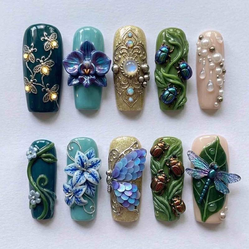 Handmade Nature Whimsy Press On Nails | 3D Orchid, Gold Filigree, Insects & Leaf Design Long Square For Fairycore Aesthetic Handmade Nature Whimsy Press On Nails | 3D Orchid, Gold Filigree, Insects & Leaf Design Long Square For Fairycore Aesthetic von Etsy - HandmadeByDanaLukes