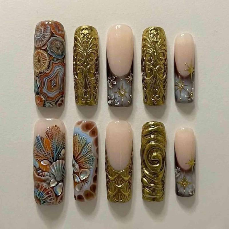 Handmade Neutral & Gold Luxury Press On Nails | Shell, Marble, Star, Embossed Design Long Square Elegant Vintage Style von Etsy - HandmadeByDanaLukes