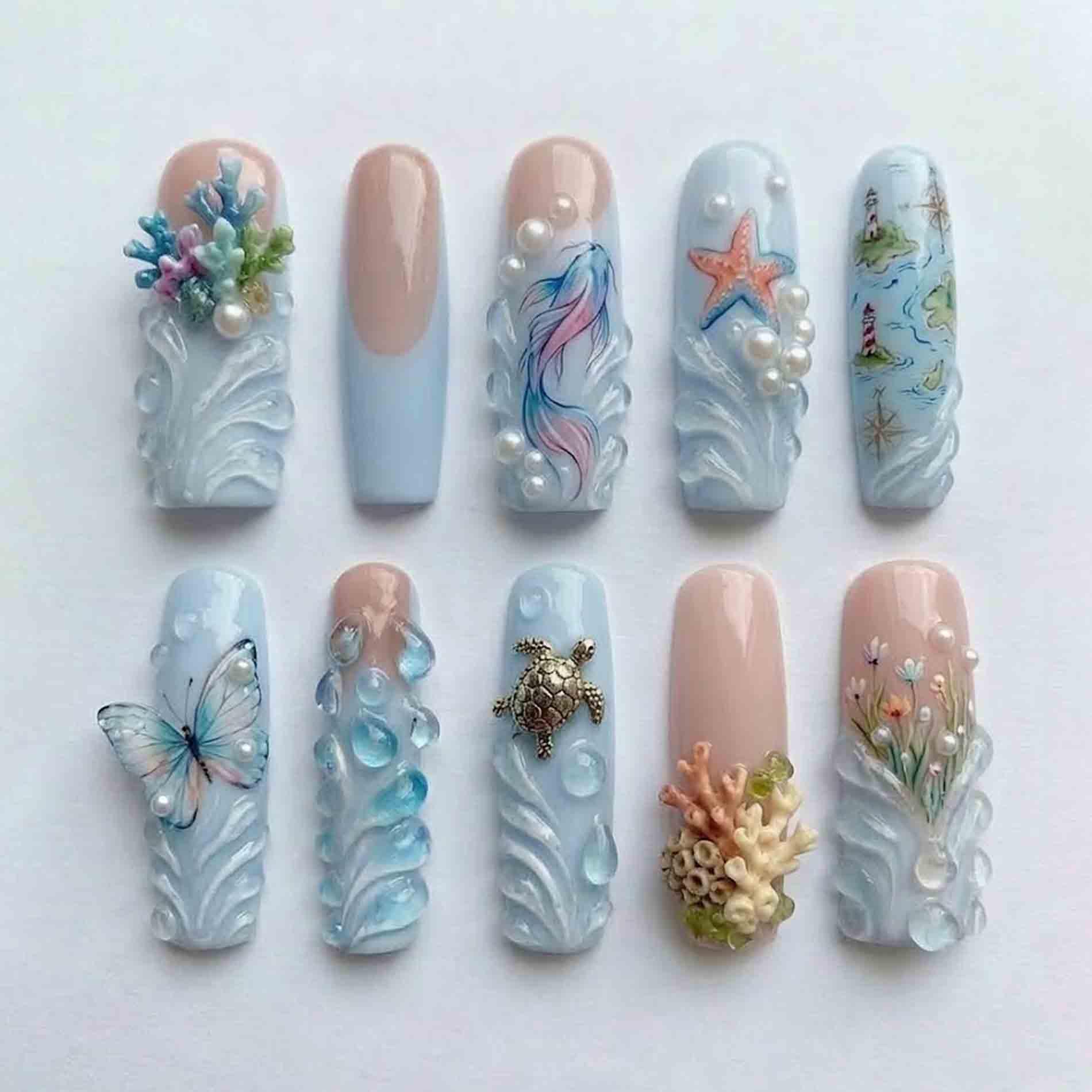 Handmade Ocean Fantasy Press On Nails | Starfish, Coral, Butterfly, Turtle, Wave Design Long Square For Beach Summer Aesthetic von Etsy - HandmadeByDanaLukes