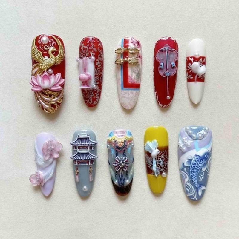 Handmade Oriental Fantasy Press On Nails | Phoenix, Koi Fish & 3D Floral Art Long Oval For Lunar New Year von Etsy - HandmadeByDanaLukes