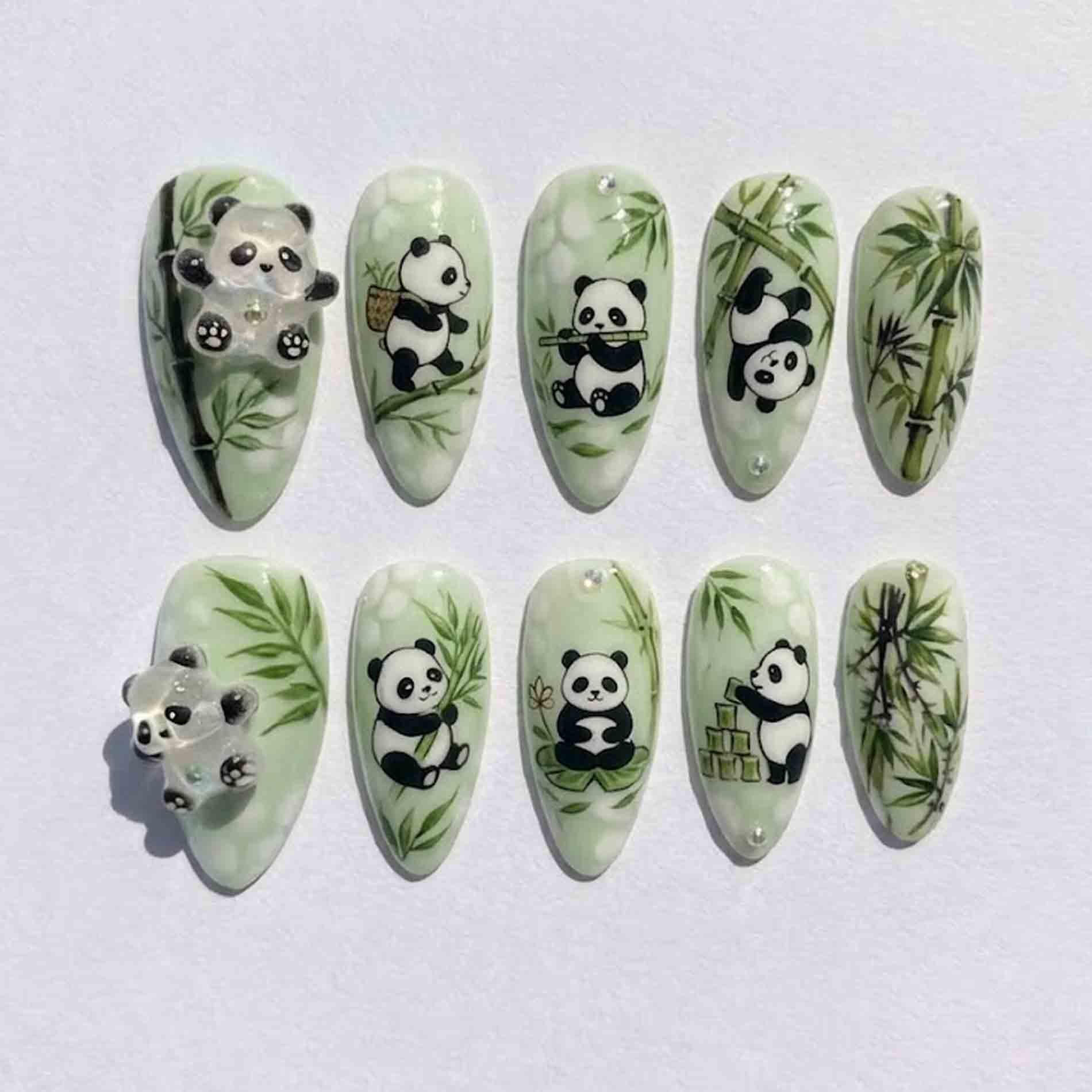 Handmade Panda & Bamboo Press On Nails | 3D Sculpted Panda, Leaf, Stem Art Almond For Nature Kawaii Aesthetic von Etsy - HandmadeByDanaLukes