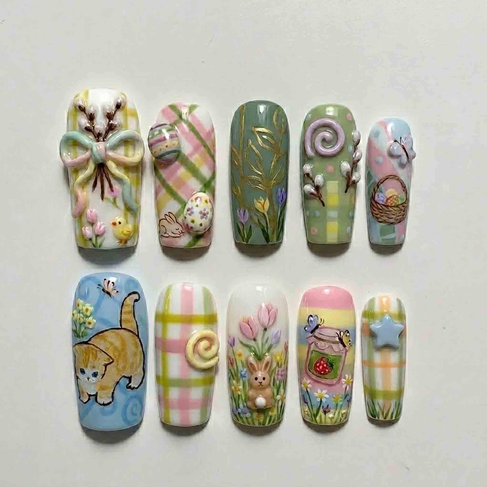 Handmade Pastel Easter Garden Press On Nails | 3D Bunny, Chick, Egg & Tulip Art Design Long Square Spring Cute von Etsy - HandmadeByDanaLukes