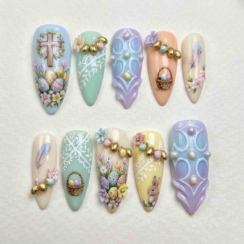 Handmade Pastel Easter Press On Nails | Bunny, Egg, Cross & Floral Accents Almond For Cute Spring Holiday Look von Etsy - HandmadeByDanaLukes