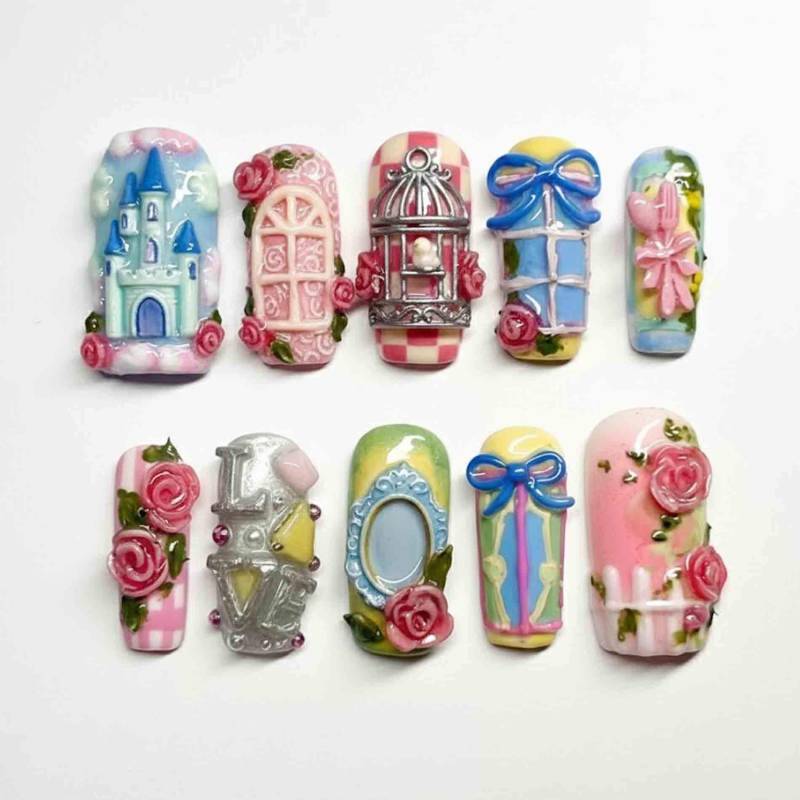 Handmade Pastel Fairytale Press On Nails | 3D Castle, Roses, Bow & Love Charm Design Long Square Princess Fantasy von Etsy - HandmadeByDanaLukes