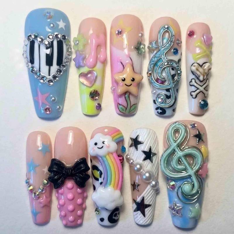 Handmade Pastel Press On Nails | Kawaii Rainbow Star Music Note 3D Nail Art Long Coffin For Y2K Cute Style von Etsy - HandmadeByDanaLukes