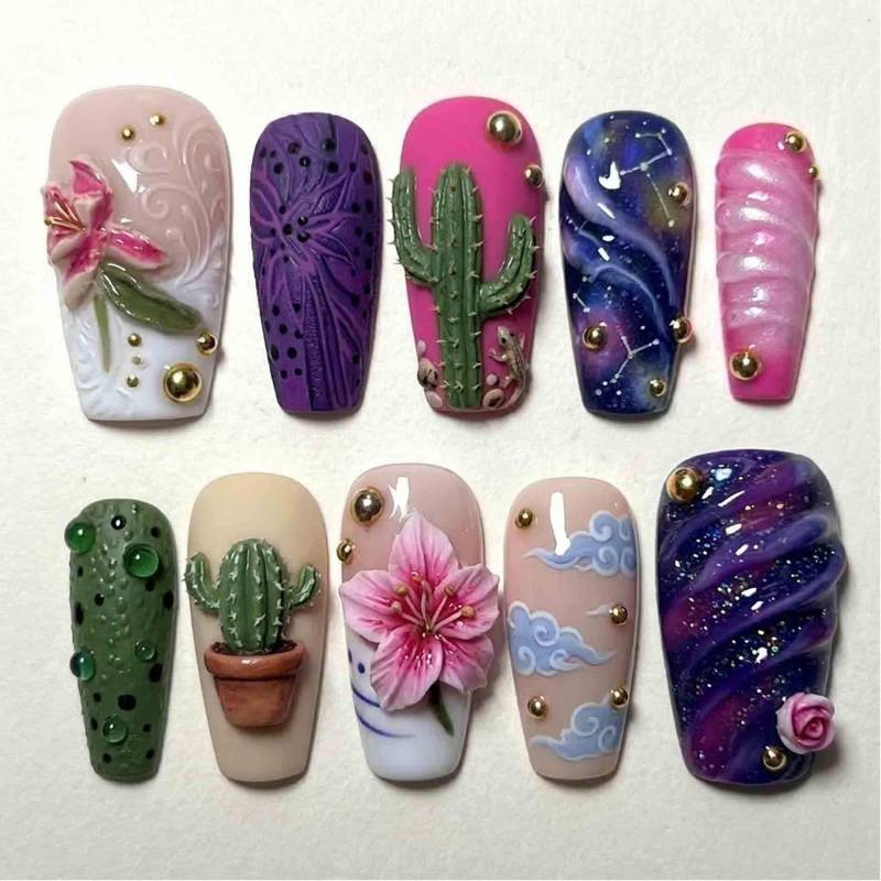 Handmade Pink Purple Fantasy Press On Nails | Cactus, Flower, Constellation & Cloud Design Short Coffin For Dreamy Aesthetic Look von Etsy - HandmadeByDanaLukes