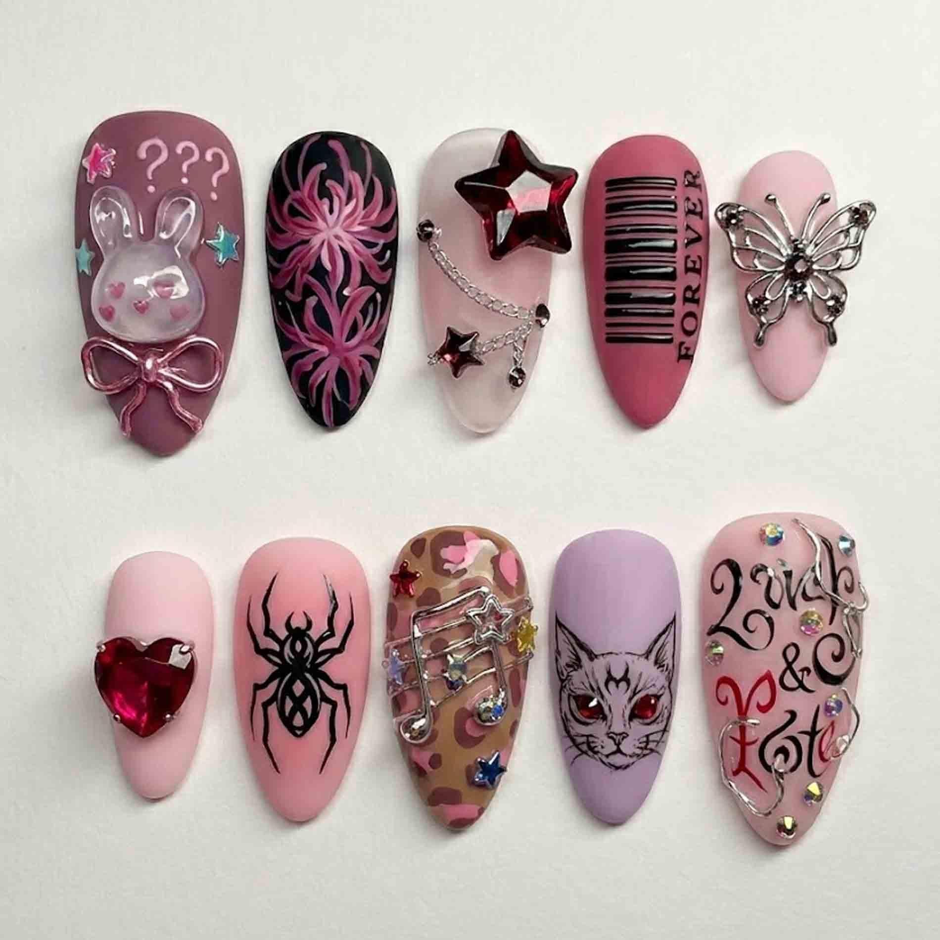 Handmade Pink Y2K Graffiti Press On Nails | 3D Star, Bunny, Butterfly & Spider Art Almond Cute Edgy Statement von Etsy - HandmadeByDanaLukes