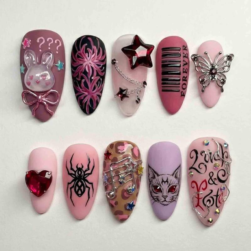 Handmade Pink Y2K Graffiti Press On Nails | 3D Star, Bunny, Butterfly & Spider Art Almond Cute Edgy Statement von Etsy - HandmadeByDanaLukes