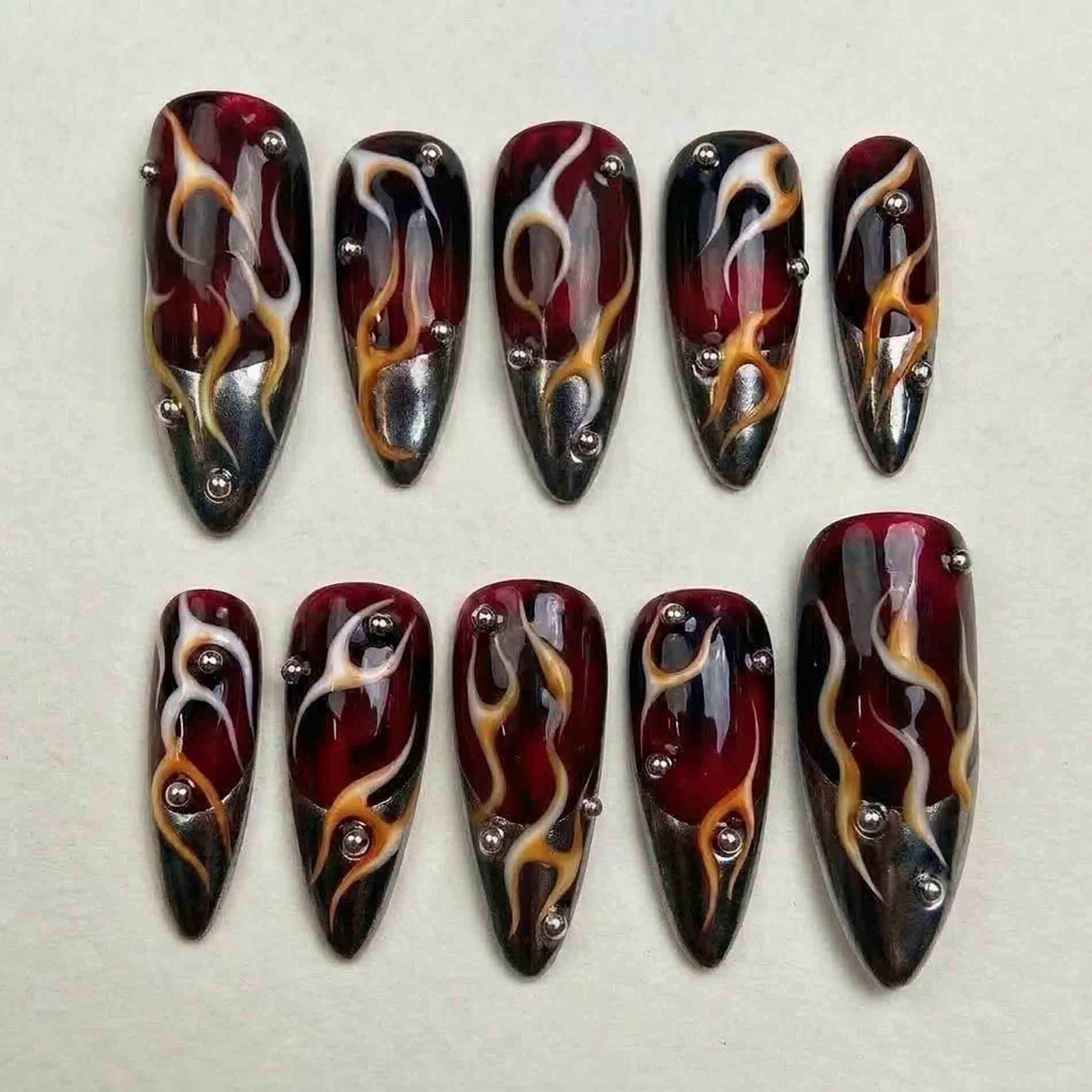 Handmade Red Black Flame Press On Nails | 3D Chrome Fire, Metallic Tips & Stud Design Almond Edgy Goth Aesthetic von Etsy - HandmadeByDanaLukes