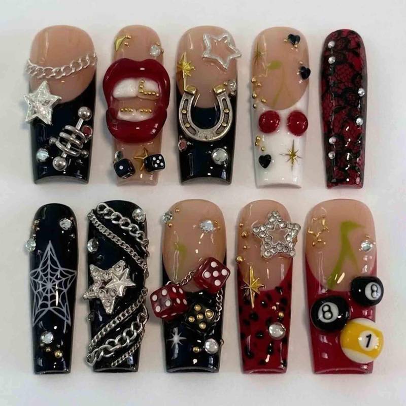 Handmade Red Black Y2K Press On Nails | Cherry, Dice, Spider Web, Star & Chain Charms Long Square For Edgy Aesthetic Look von Etsy - HandmadeByDanaLukes