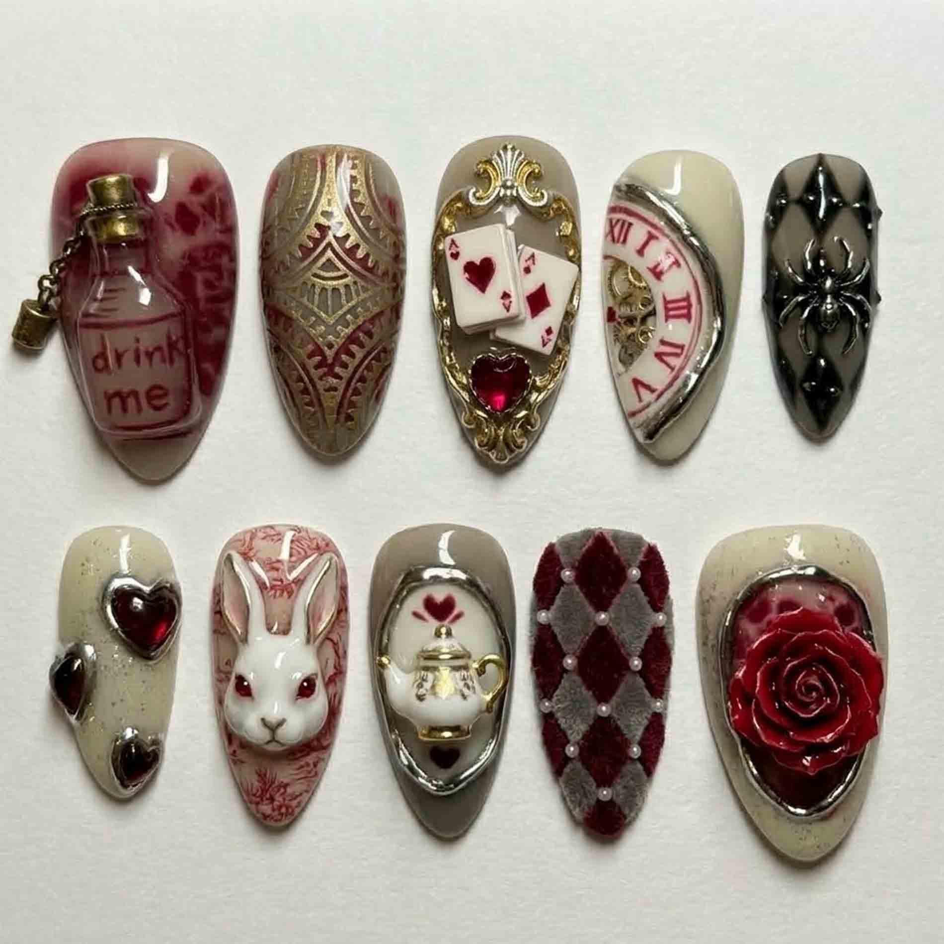 Handmade Red Gothic Press On Nails | Rabbit, Rose, Playing Cards & Clock Charms Almond For Dark Fantasy Aesthetic von Etsy - HandmadeByDanaLukes