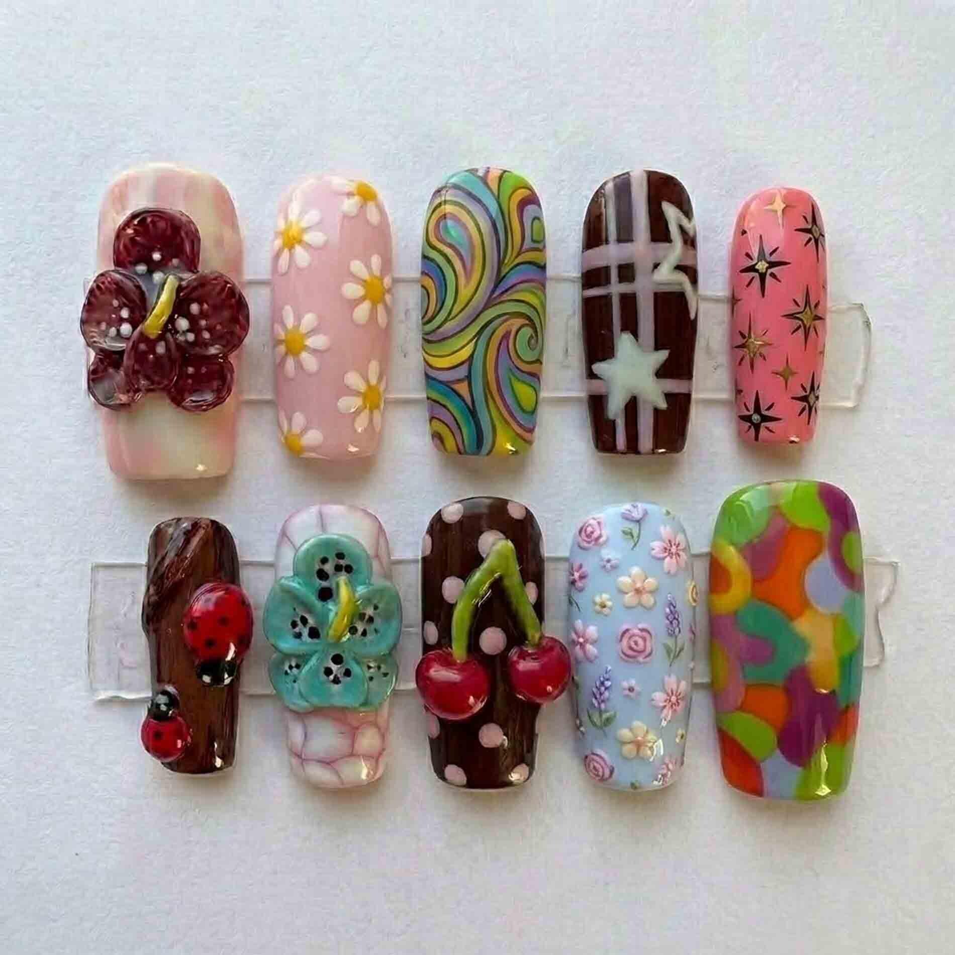 Handmade Retro Pop Press On Nails | 3D Hibiscus, Cherries, Swirls & Ladybugs Long Square For Y2K Eclectic Vibe Handmade Retro Pop Press On Nails | 3D Hibiscus, Cherries, Swirls & Ladybugs Long Square For Y2K Eclectic Vibe von Etsy - HandmadeByDanaLukes