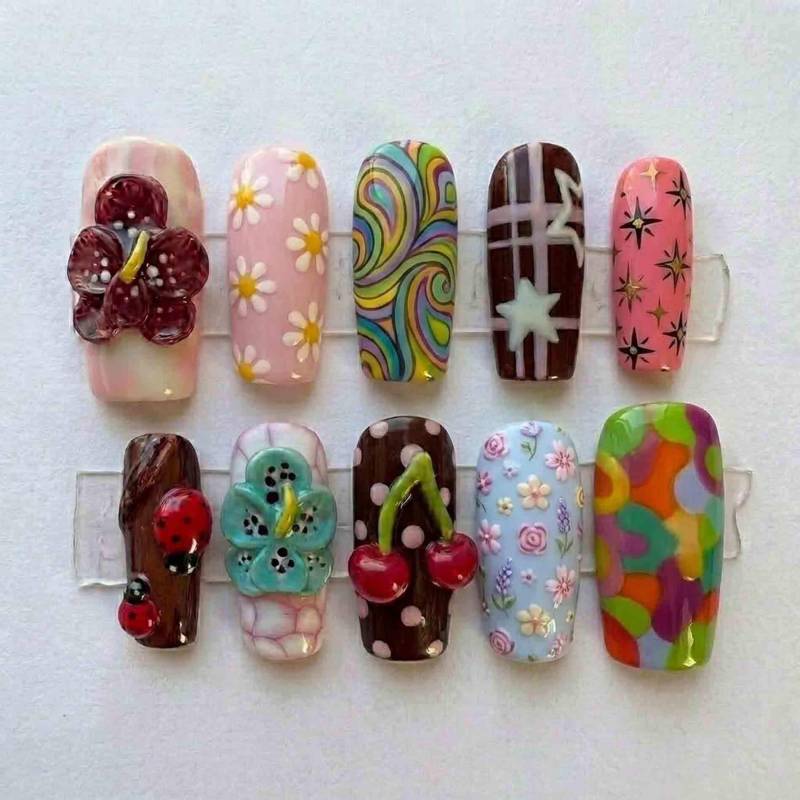 Handmade Retro Pop Press On Nails | 3D Hibiscus, Cherries, Swirls & Ladybugs Long Square For Y2K Eclectic Vibe von Etsy - HandmadeByDanaLukes